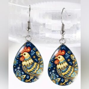 colorful earrings blue yellow red Farmhouse Western Rustic Rooster‎ Teardrop